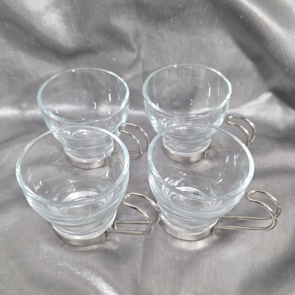 Bormioli Rocco Ypsilon Espresso Cups Set of 4 Glass with Metal Handles Italy